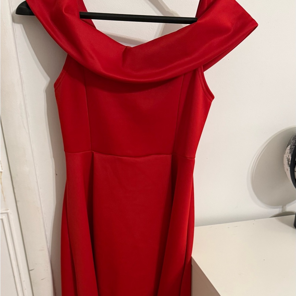 Boohoo Red Cowl Neck Off The Shoulder— Midi Dress